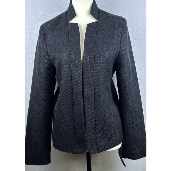 NWT Mina Self Sz L Blk Boucle Textrd Tweed Open Front Shldr Pads Seaming Blazer - Picture 3 of 13